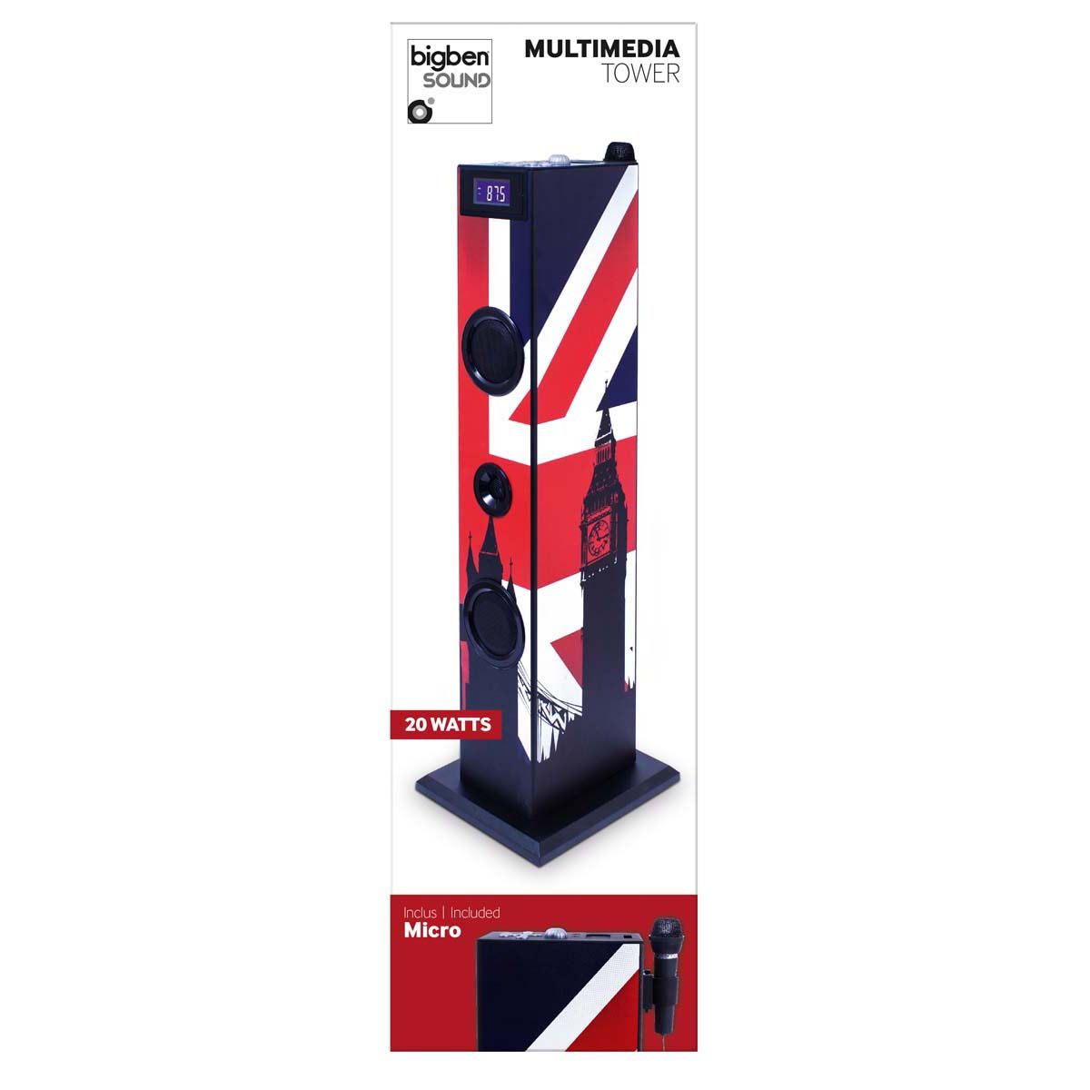 BigBen Interactive Kids Multimedia Tower - English Flag Design, 20W MP3, USB & Microphone