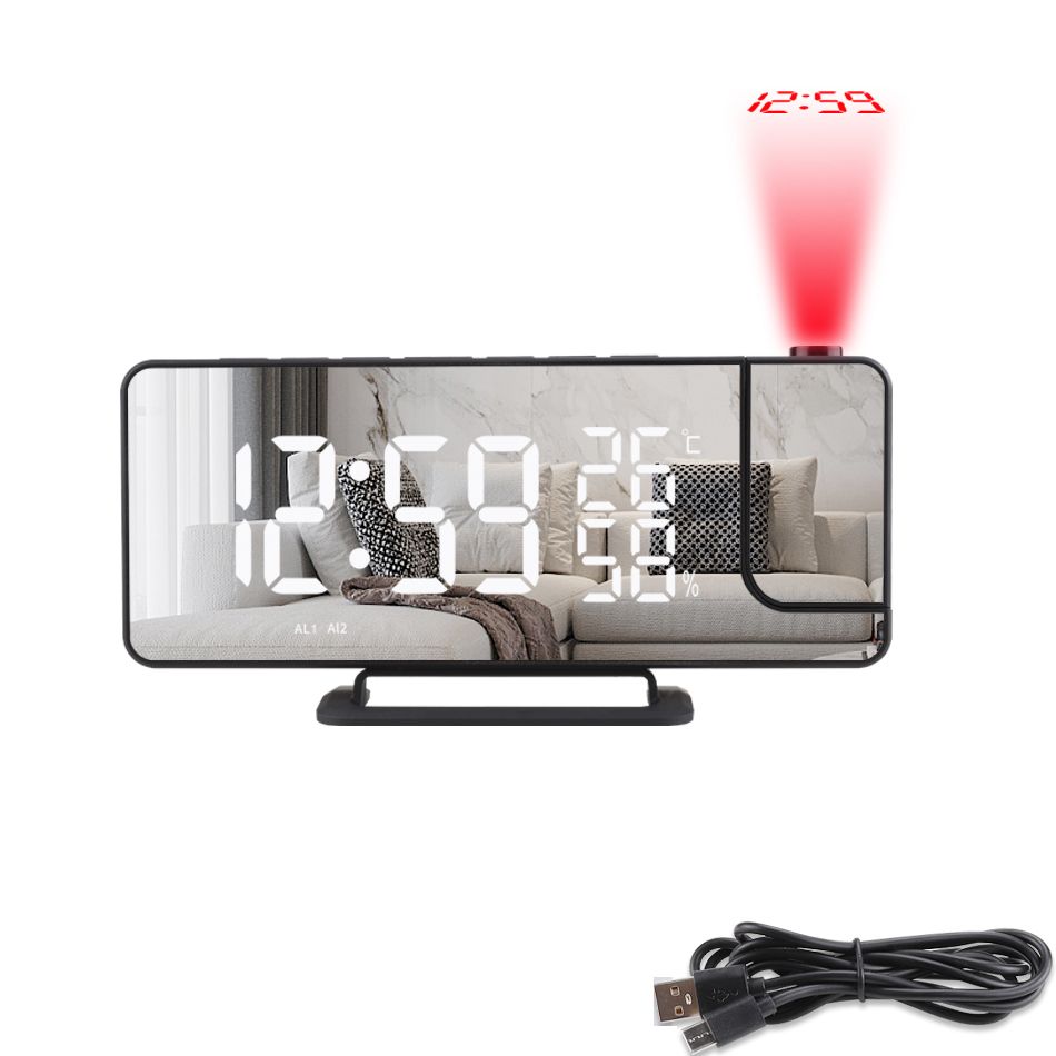 INF Mirror/Black Projector Clock with Temperature