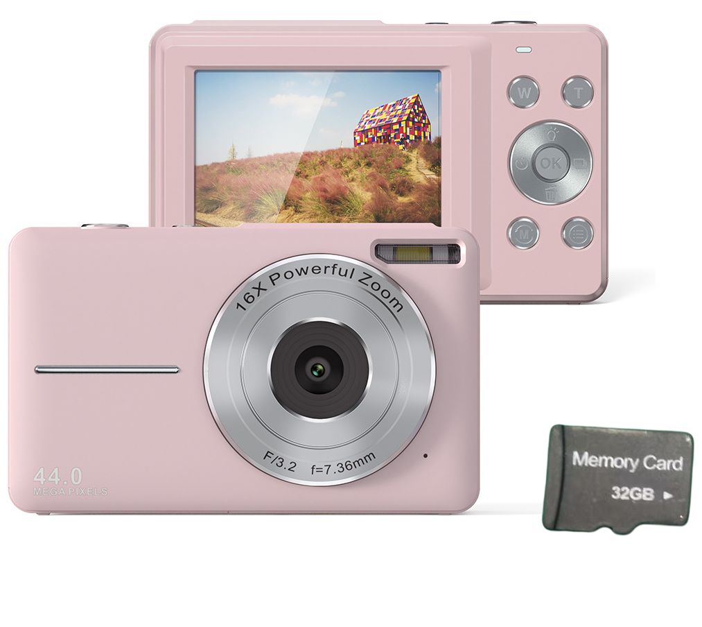 44MP Digital Camera with 1080P Video, 16X Zoom, Built-in Flash and 32GB Card - Pink
