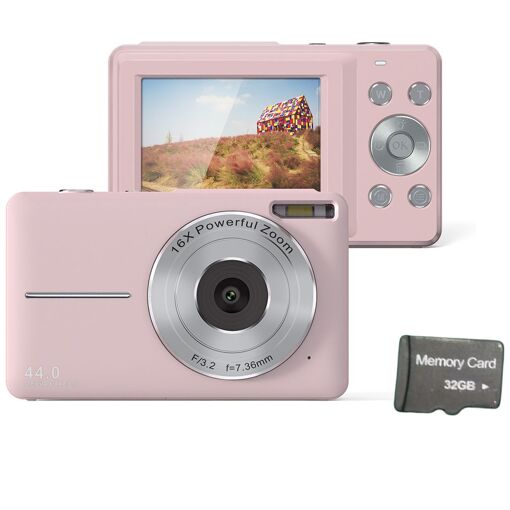 44MP Digital Camera with 1080P Video, 16X Zoom, Built-in Flash and 32GB Card - Pink