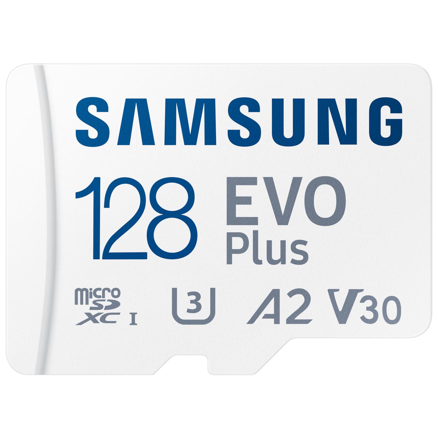 Carte mémoire flash Samsung EVO Plus MB-MC128S (adaptateur microSDXC vers SD inclus) - 128 Go - A2 / Classe vidéo V30 / UHS-I U3 / Classe 10 - MicroSDXC UHS-I - Blanc