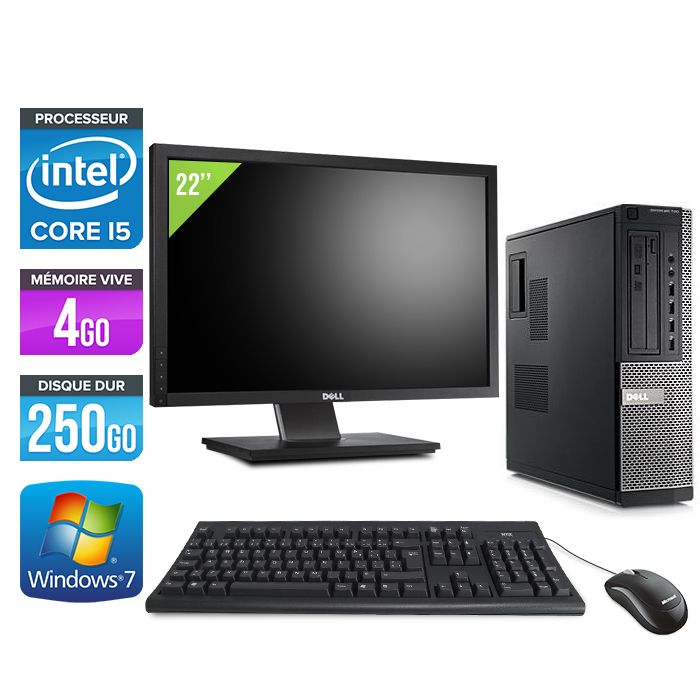 Ordinateur de bureau Dell Optiplex 790 + Écran 22'' - Processeur Intel Core i5-2400 / 3,1 GHz - 4 Go RAM - Disque dur 250 Go - Lecteur DVD - Ethernet Gigabit - Windows 7 Professionnel