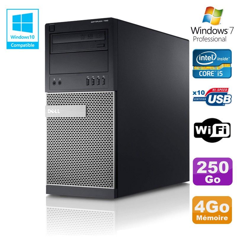 Tour Dell Optiplex 790 - Processeur Intel Core i5, 4 Go de RAM, 250 Go SSD, DVD, WiFi, Windows 7