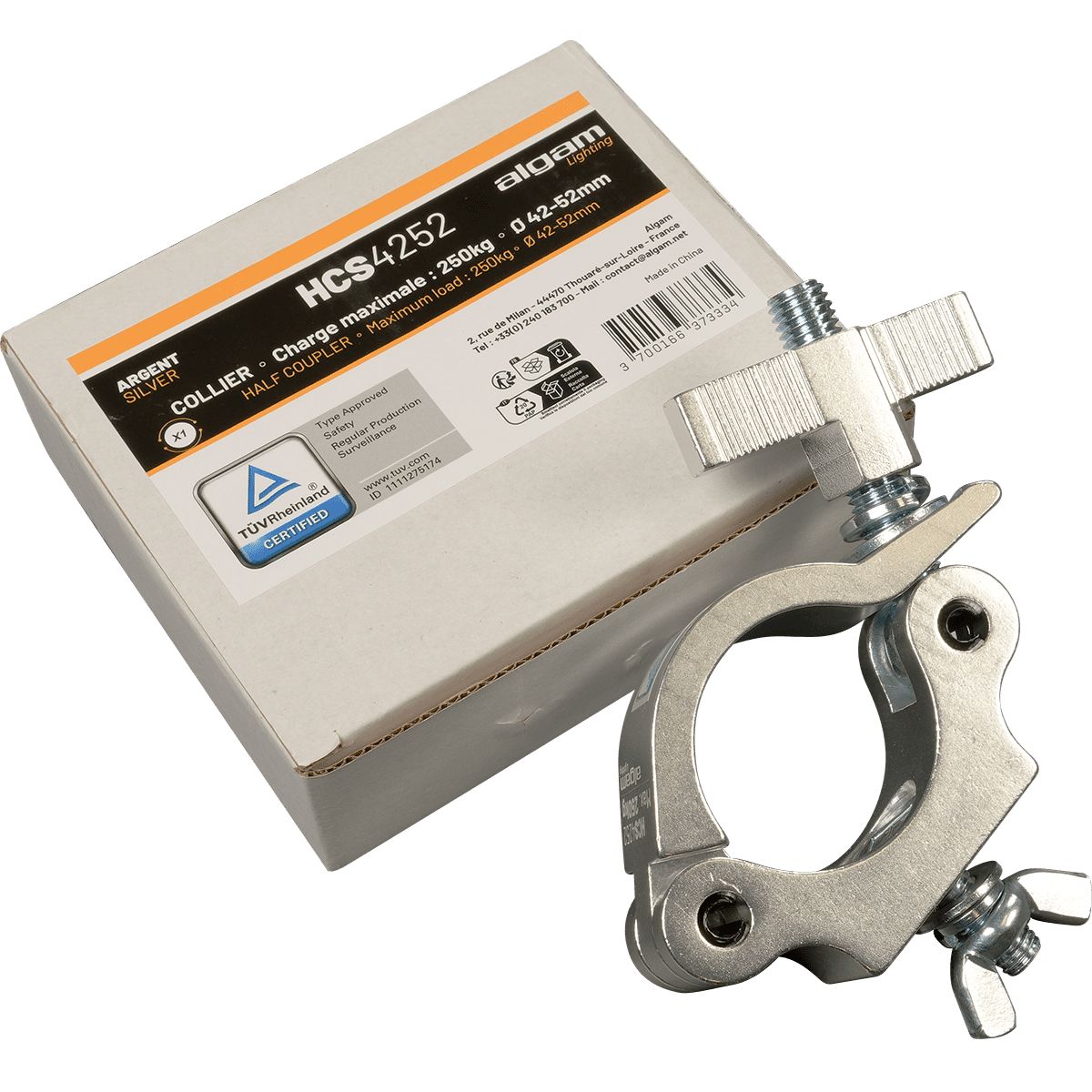 Algam Lighting HCS-4252-250KG Hook Collar, 250kg Load Capacity, Silver, Aluminum, Compatible with Ø42-52 mm Sections