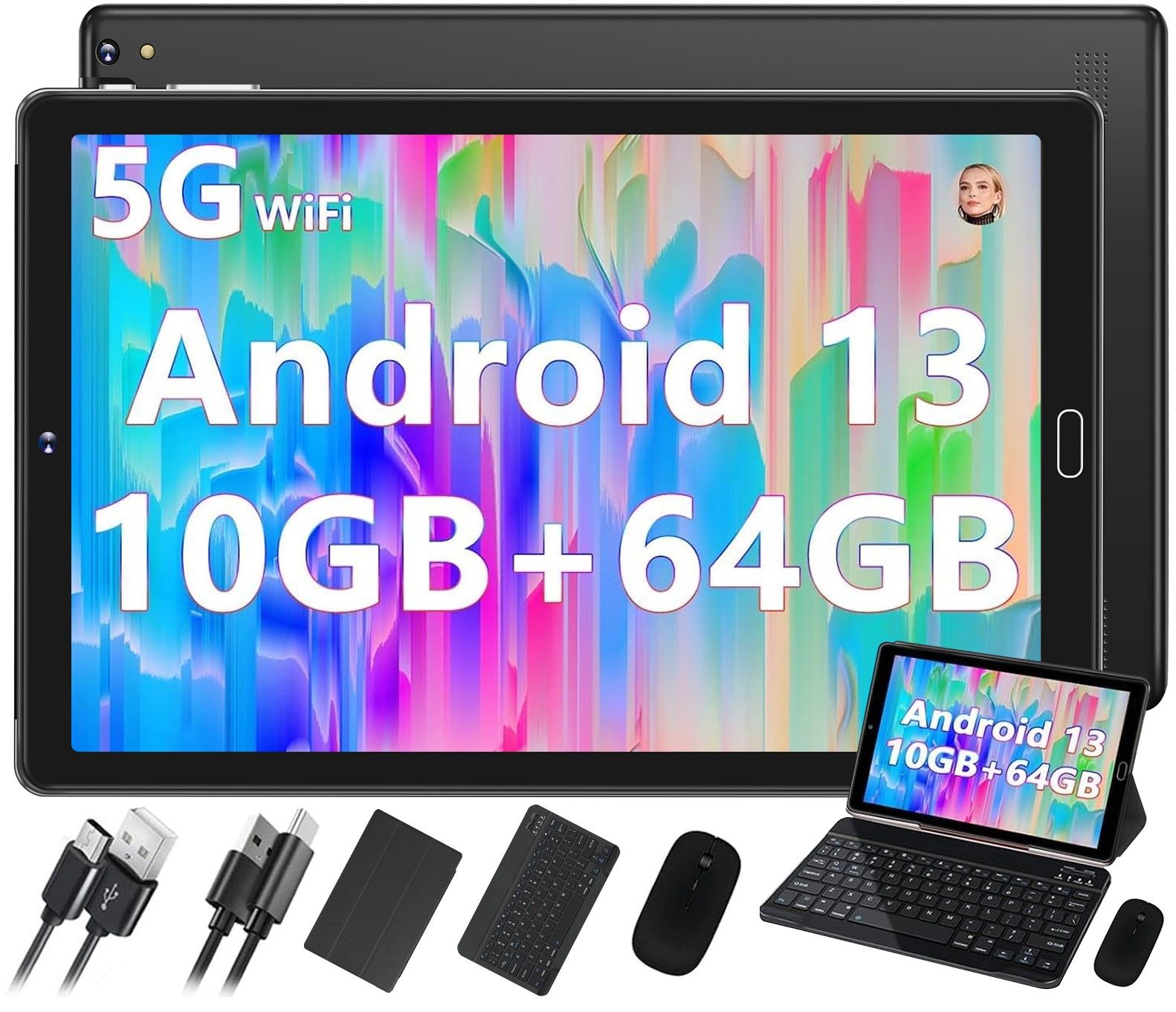 GOODTEL G2 Tablet - 10GB RAM + 64GB ROM (1TB TF) Octa-Core 10in WiFi 5G Bluetooth 5.0 Android 13 FHD IPS GPS 6000mAh with Case, Keyboard and Mouse - Black