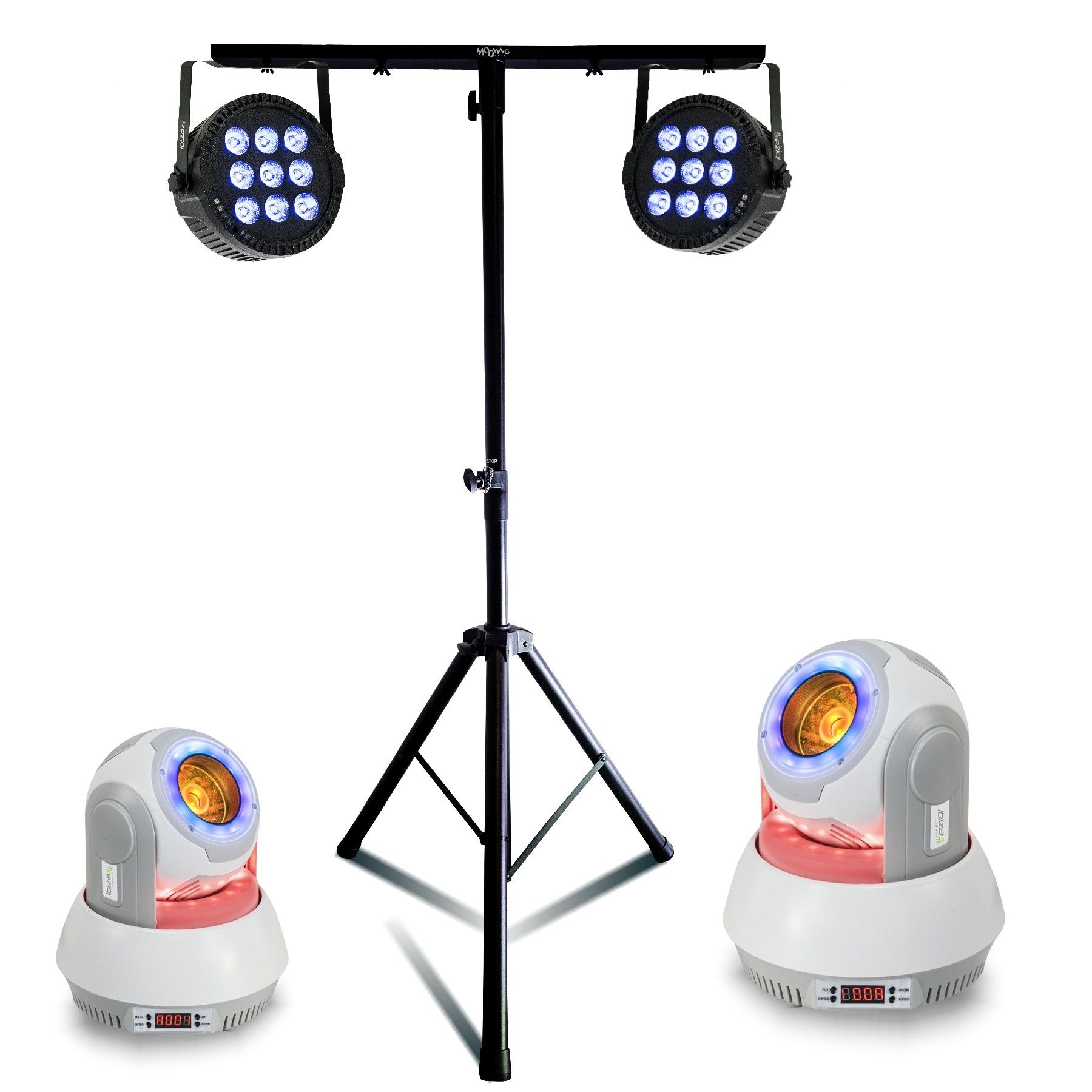 Support de lumière Ibiza ML-SUPPORT-DJLIGHT 2 avec 2 projecteurs THINPAR 9x6W RGBW, 2 lyres spot 30W et pied ajustable !