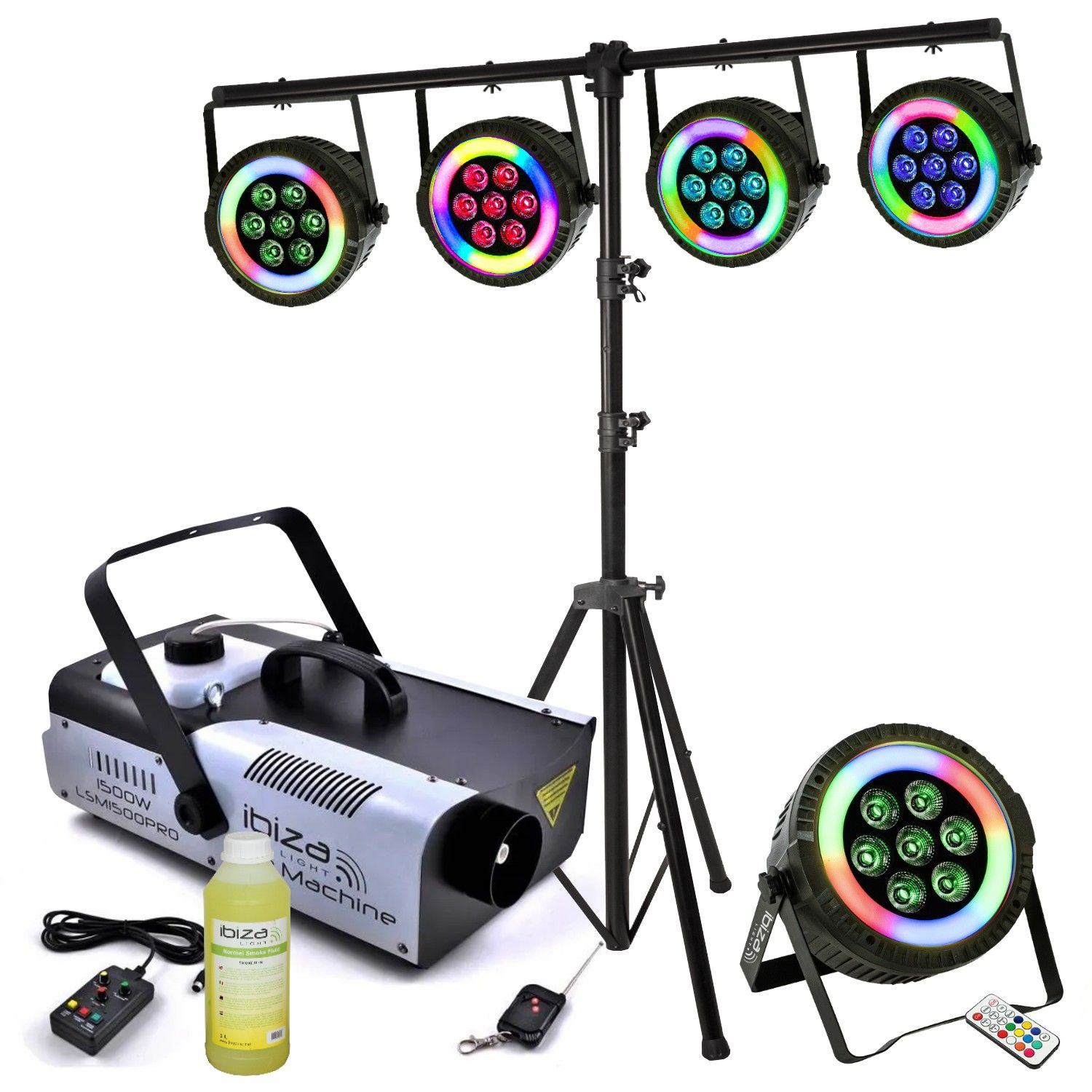 Pack Lumière Ibiza SL002 - 4 Projecteurs LED Anneaux - Machine à Fumée LSM1500PRO - Échelle DJ