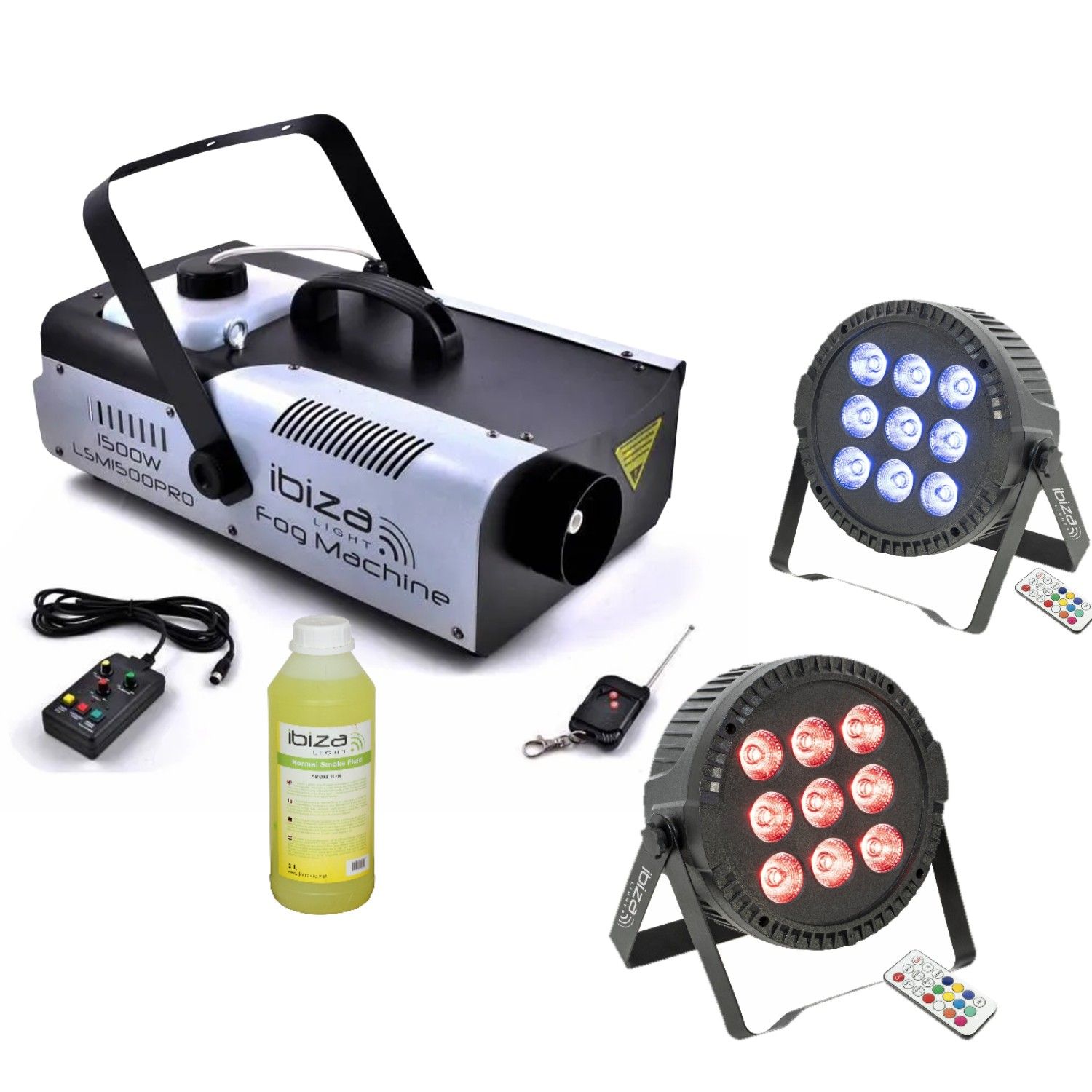 Kit de Iluminación Ibiza LSM1500PRO - 2 Proyectores PAR DMX THINPAR-9X6W-RGBW - Líquido para Humo - Decoración Boda Fiesta