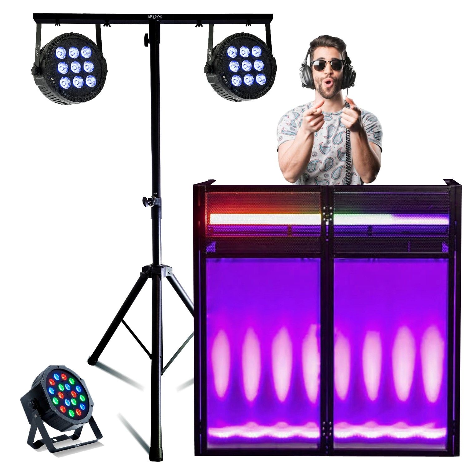 Soporte DJ Ibiza DS30 - Kit de Iluminación con 2 Proyectores PAR THINPAR-9X6W RGBW, Mesa de DJ y Pie de Luz Ajustable