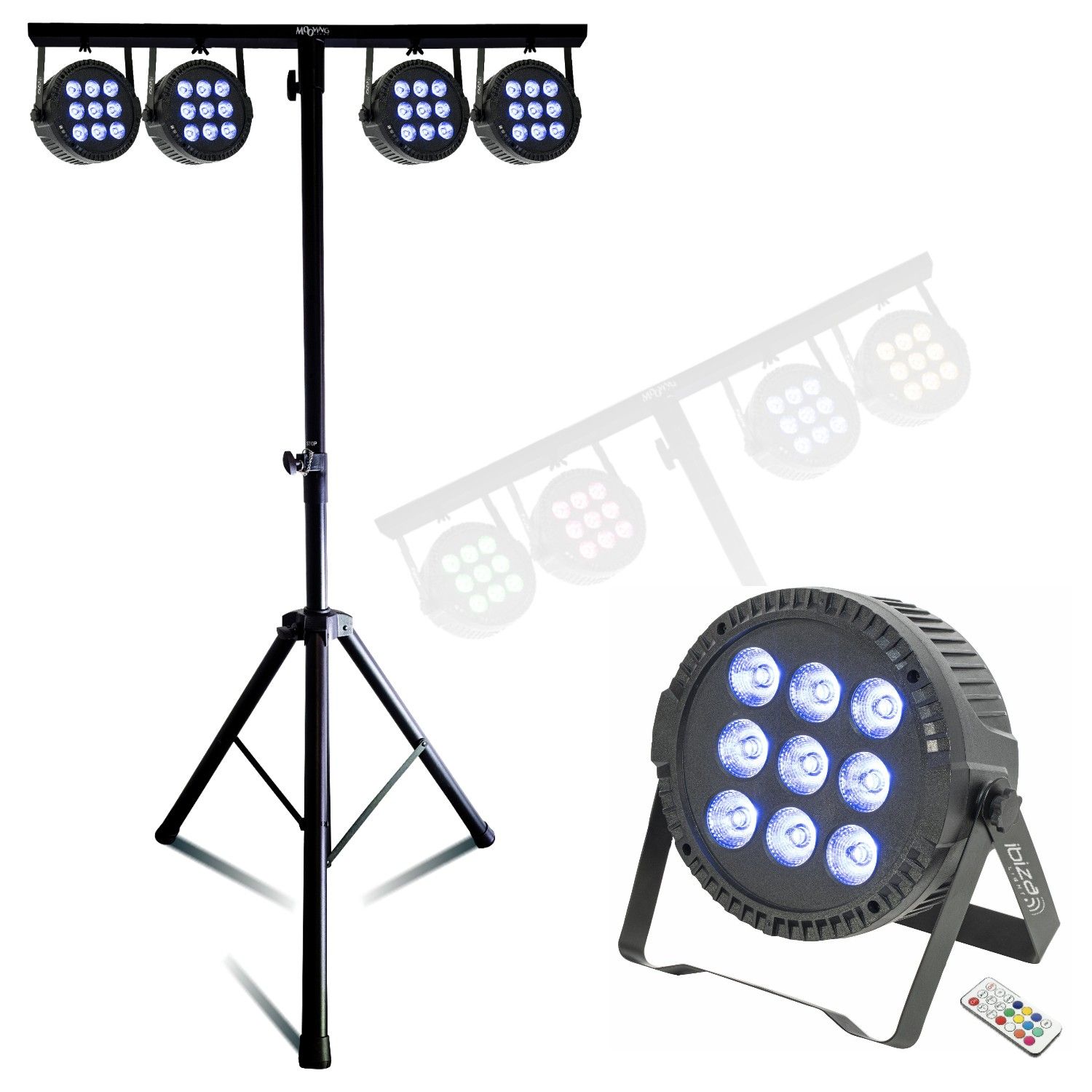 Pack Lumière Ibiza ML-SUPPORT-DJLIGHT - 4 Projecteurs THINPAR-9X6W-RGBW - Pied DJ Réglable