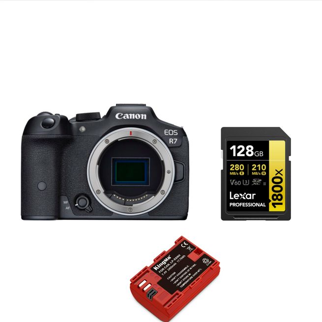 Canon EOS R7 Cuerpo + Batería Kingma 2400 mAh + Tarjeta de Memoria Lexar Profesional 128GB SDXC UHS-II