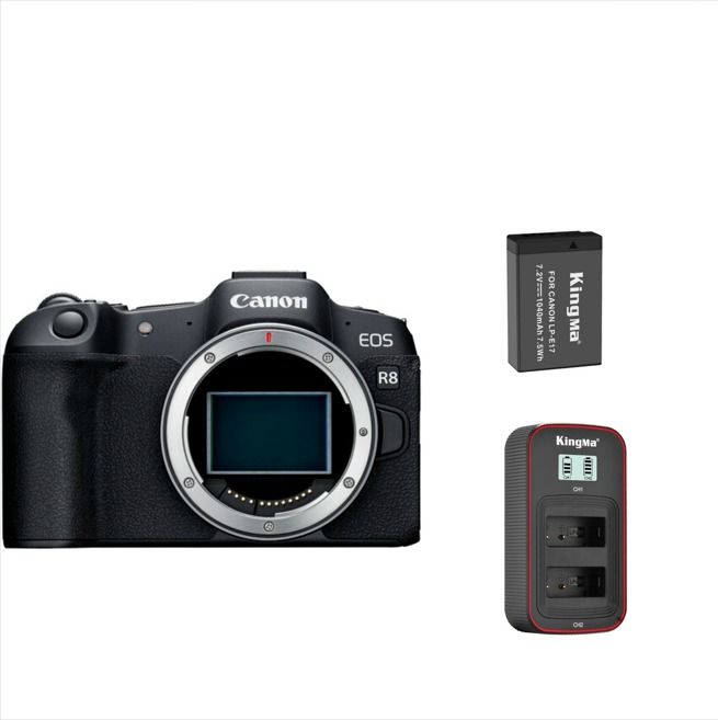 Canon EOS R8 Mirrorless Camera + Kingma 1040mAh Battery (Canon LP-E17) + Double USB LCD Charger (for Canon LP-E17)