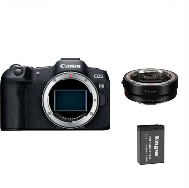 Cámara sin espejo Canon EOS R8 + Adaptador de montaje EF-EOS R + Batería Kingma 1040 mAh (Canon LP-E17)