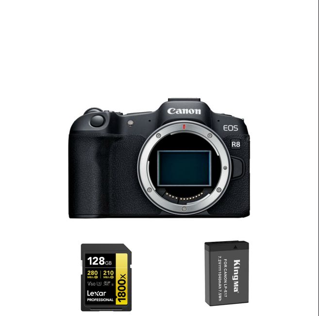 Canon EOS R8 Body + Kingma 1040mAh Battery + Lexar 64GB SDXC Professional Card UHS-II