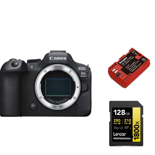Canon EOS R6 II Cuerpo + Batería Kingma de 2400 mAh (Canon LP-E6NH) + Tarjeta de memoria Lexar Profesional de 128 GB SDXC 1800x UHS-II