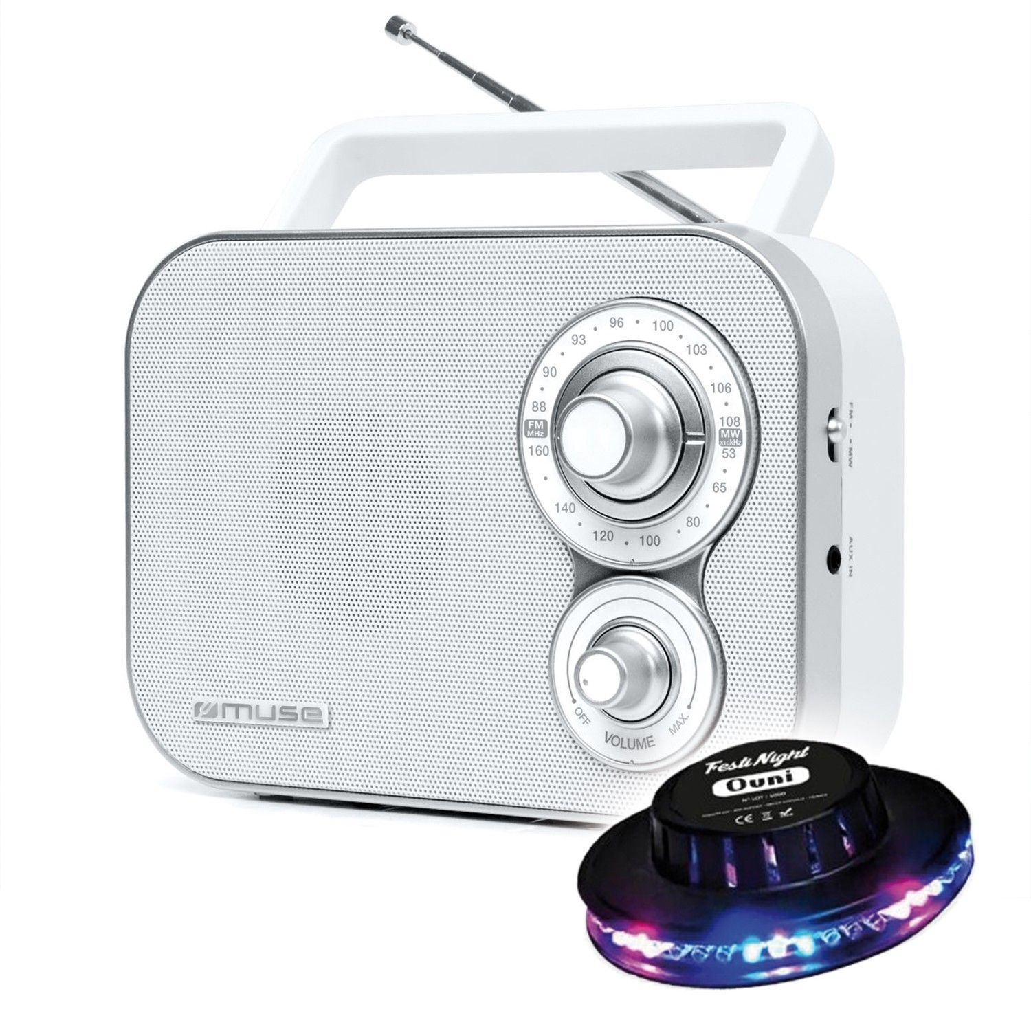 BMI Portable Radio M-051-RW - White - Pivoting FM Antenna - Rotating Volume Control - Carrying Handle, LED Light