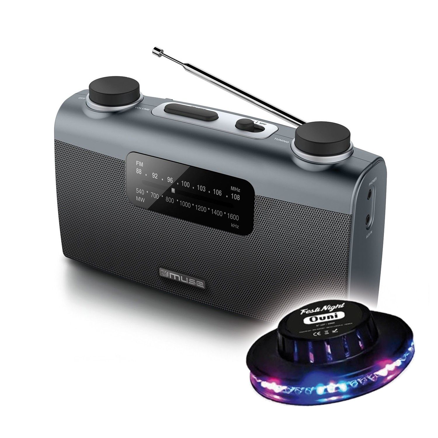 BMI Portable Radio M-058-R - Black - Swivel FM Antenna - Rotating Volume Control - Carrying Handle, LED Light Dish