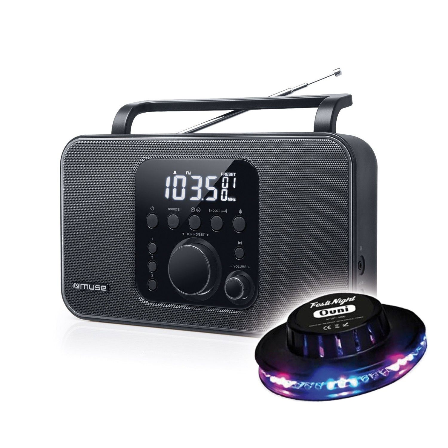 BMI Portable Radio M-091-R - Sleep, UFO Light Function, Swiveling FM Antenna, Alarm Clock or Buzzer