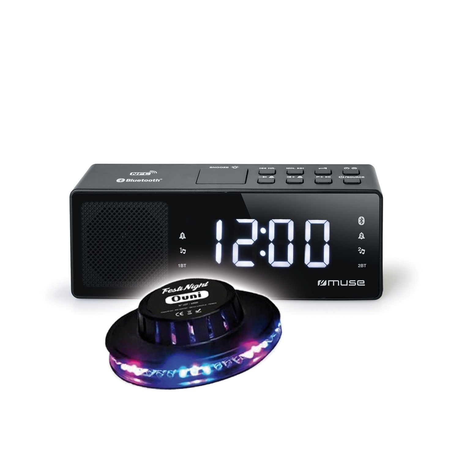 BMI M-172-BT Bluetooth Alarm Clock - Extra Large White Display - PLL FM Radio - Double Alarm - NFC, LED UFO Light Set