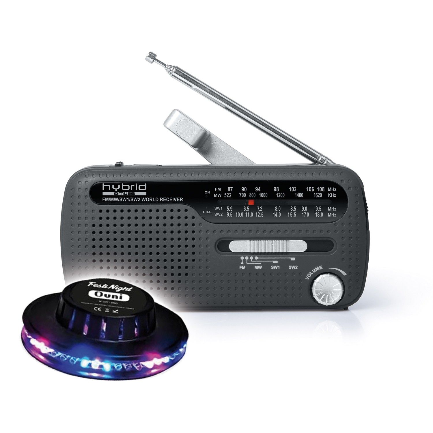 Radio portátil BMI MH-07-DS - Negro - Energía dinámica y solar - Multibanda FM/MW/SW1/SW2, luz LED OVNI