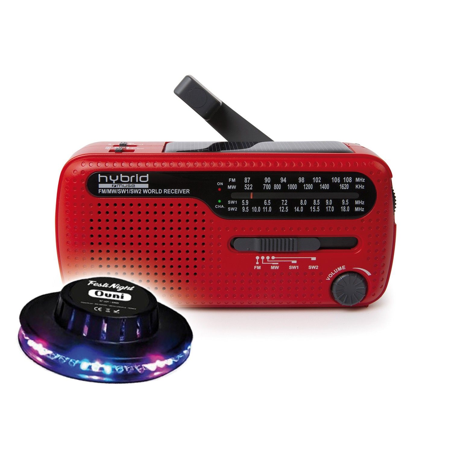 Radio portátil BMI MH-07-ROJO - Rojo - Energía dinámica y solar, multibandas FM/MW/SW1/SW2, OVNI LED