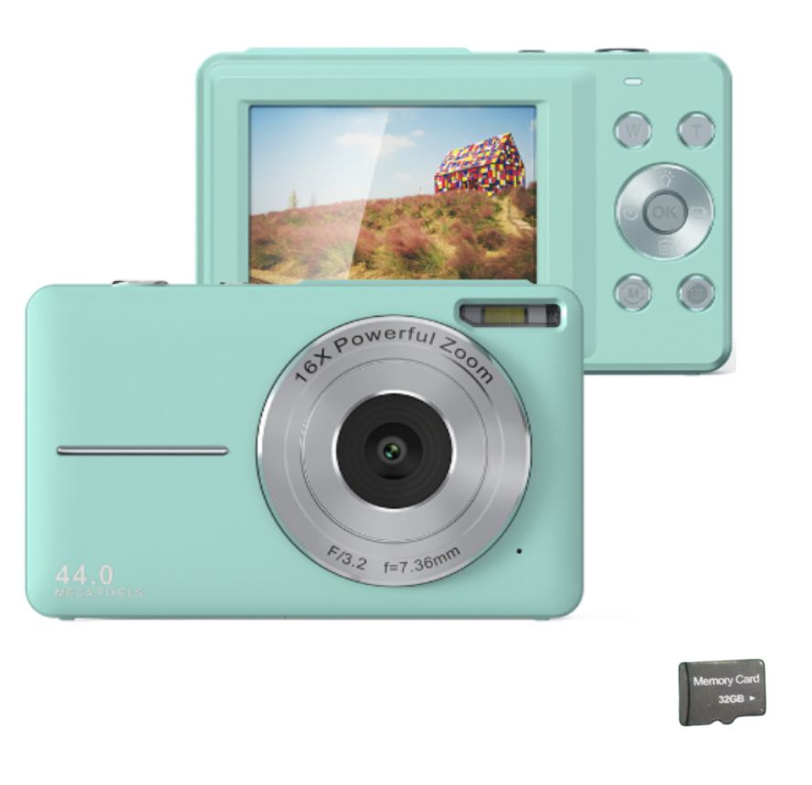 Digital Camera 44MP/1080P with 16x Zoom, Flash and 32GB Card - Green