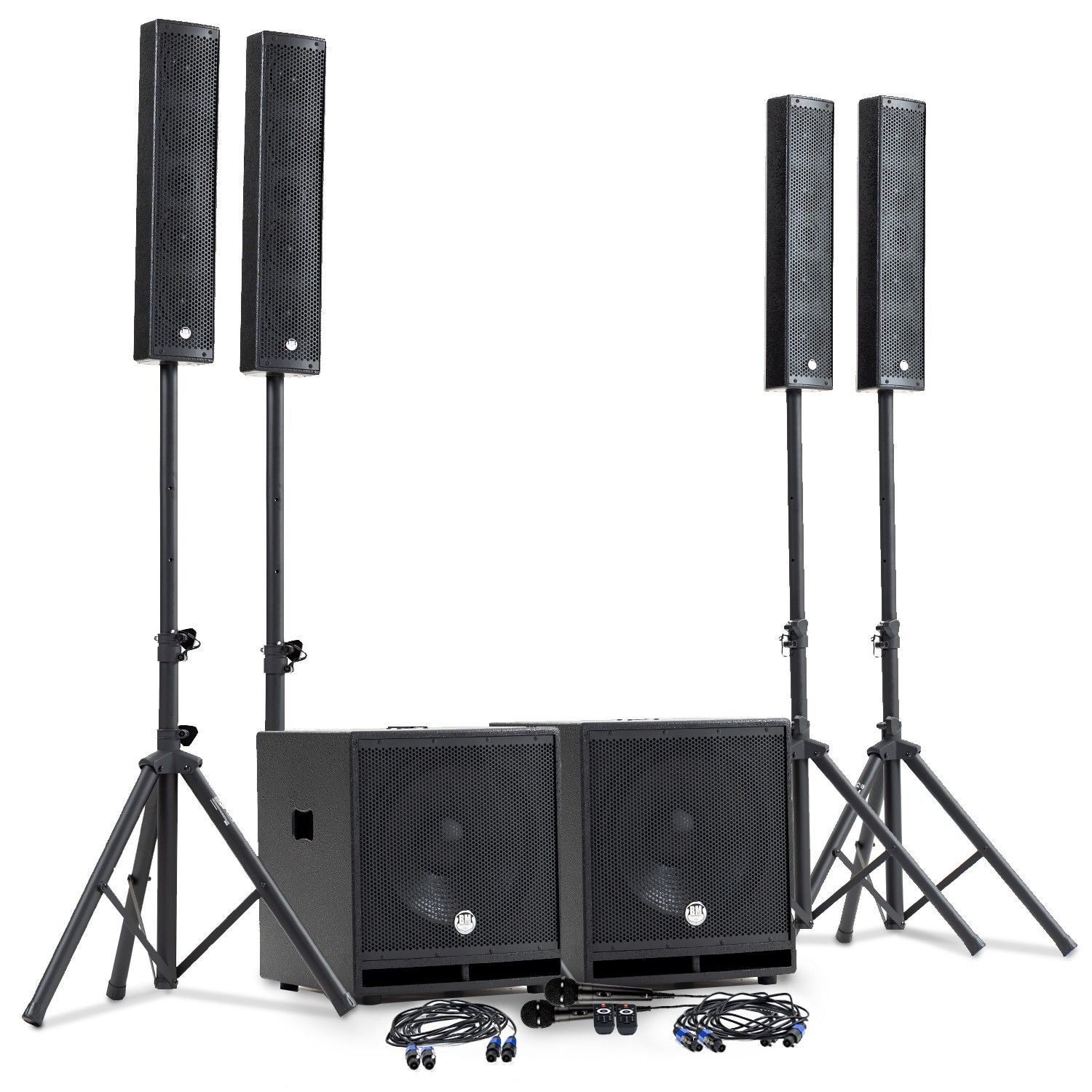 Système DJ BM SONIC BMS-15-SLIM-BT complet, 4 satellites, 2 x caissons de basses 38 cm, Bluetooth, USB, câbles, microphones