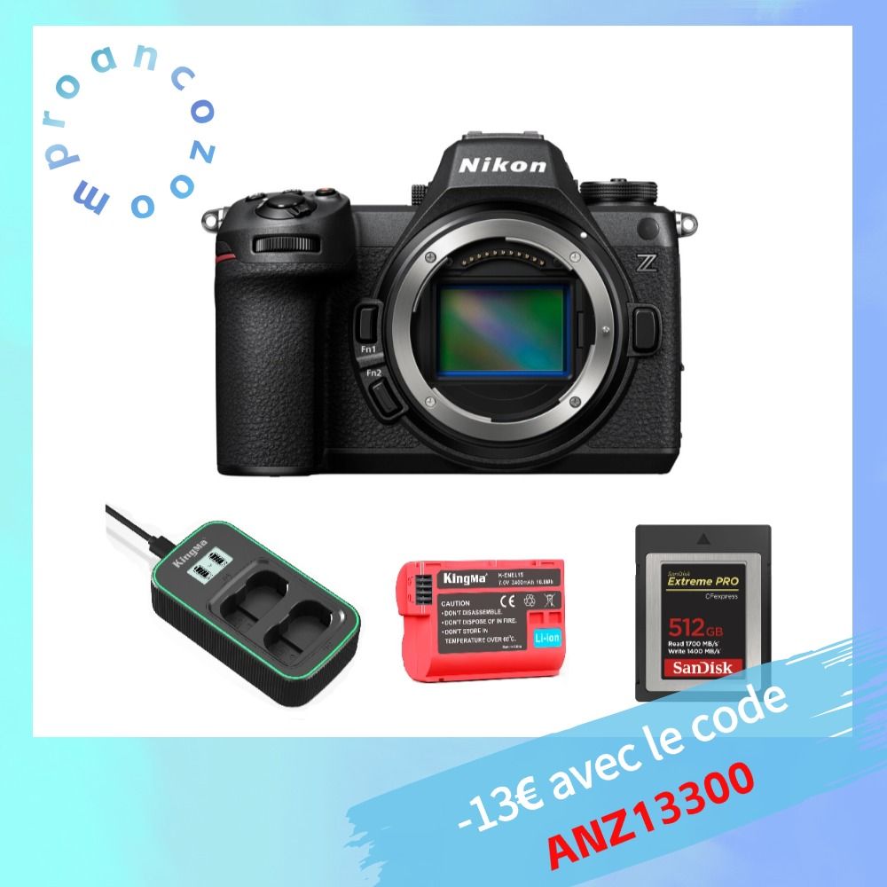 Nikon Z6 III Boîtier + Carte Sandisk 512 Go CF Type B + Batterie Kingma 2400 mAh (compatible Nikon EN-EL15) + Chargeur