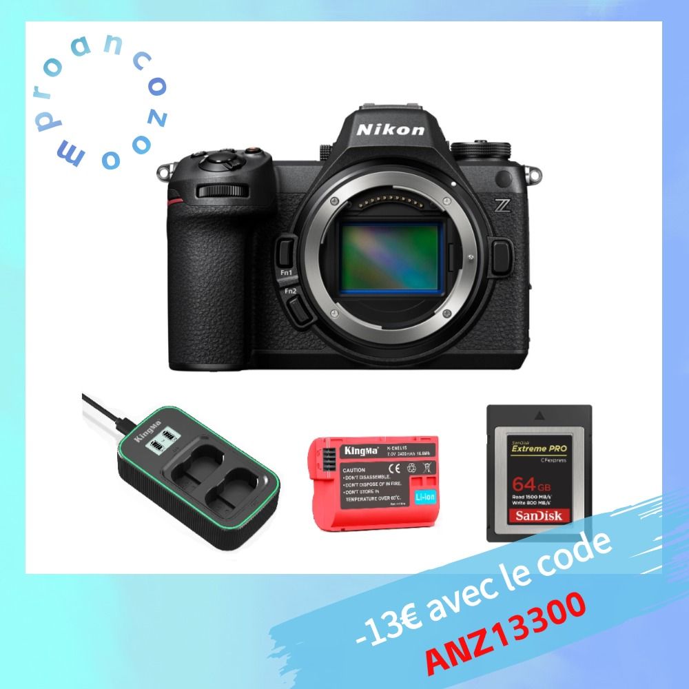 Appareil photo Nikon Z6 III Boîtier + Carte Sandisk 64 Go CF Type B + Batterie Kingma 2400 mAh (Nikon EN-EL15) + Chargeur