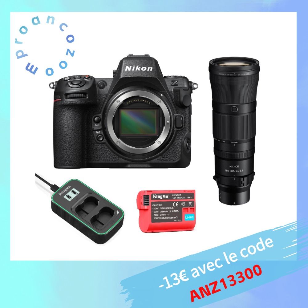 Nikon Z8 Camera Body + Z 180-600mm F 5.6-6.3 VR Lens + Kingma 2400mAh Battery (Nikon EN-EL15) + Charger