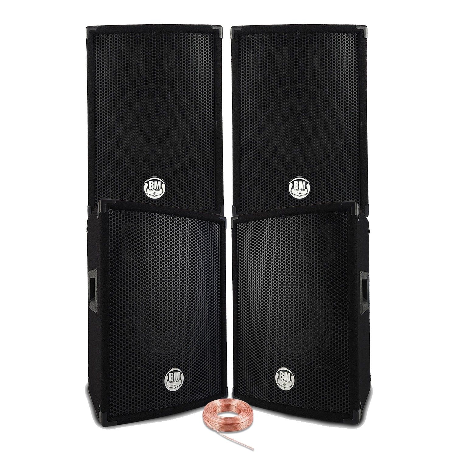Pack Sono Sound 1200W Bm Sonic - 4 Enceintes passives 300W BM SONIC BMS Noir + Câbles HP