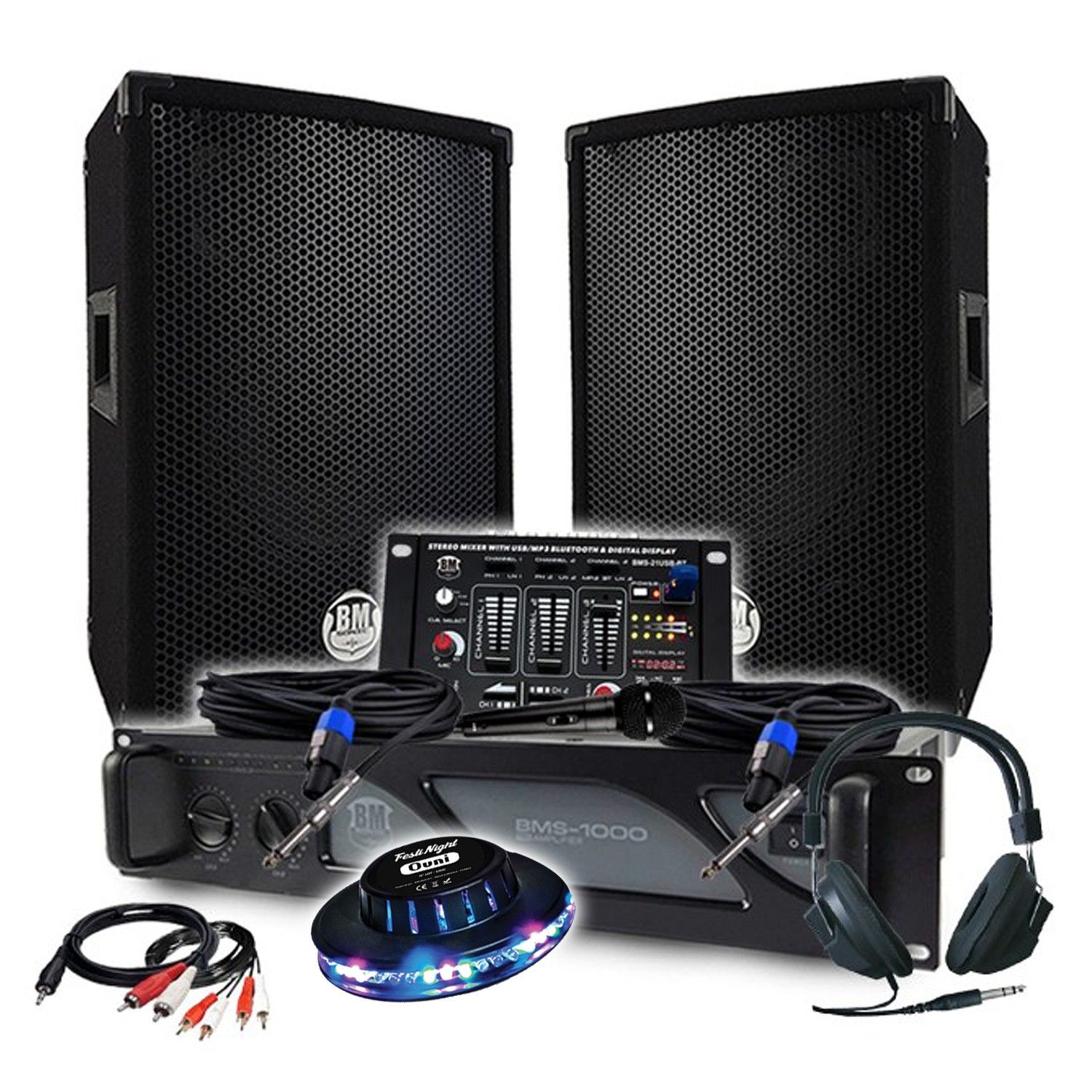 Paquete de Sonido BM SONIC 1000W con altavoces de 8', mezcla Bluetooth, animación LED, para espacios pequeños, cumpleaños, bar, fiesta, noche