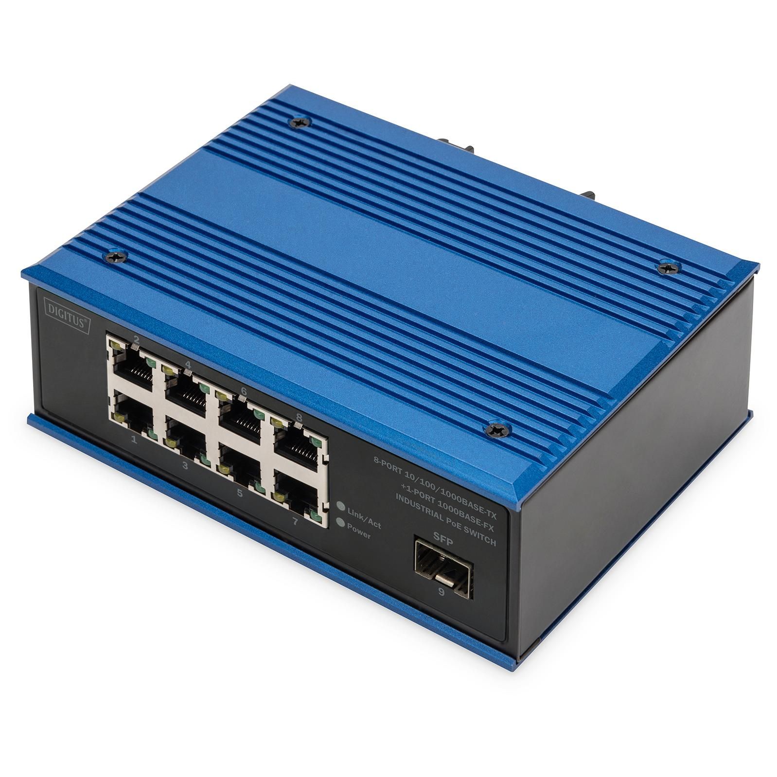Digitus PoE Network Switch, 8-Port Gigabit Ethernet, Industrial, Unmanaged, 1x SFP Uplink