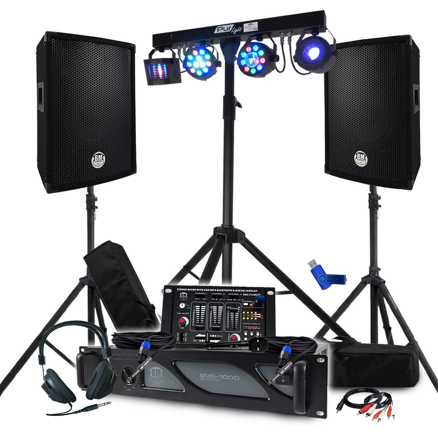 BM Sonic Pack Sono: 1000W Amplifier, Speakers, DJ Mixer, Lighting Effects