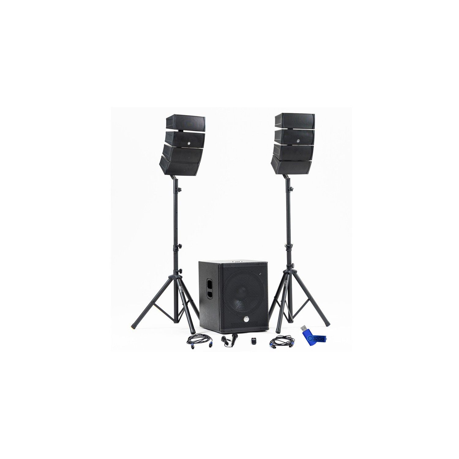 Kit Sonore DJ BM SONIC BMS-15-ARRAY-BT Complet, 1200W, Caisson de Basses 38cm Bluetooth, Kit Câbles + Clé USB 32G