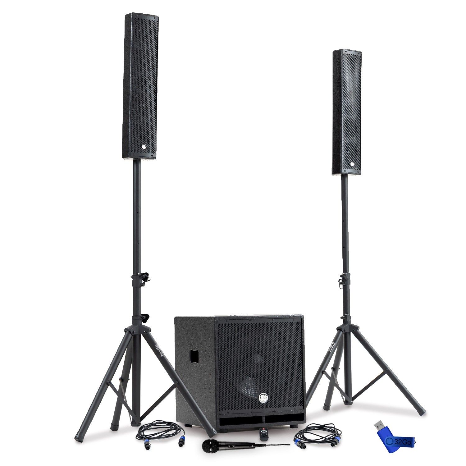 Pack Sonorisation DJ complet BM SONIC BMS-15-SLIM-BT, 1200W, Caisson 38cm USB/Bluetooth, Supports Câbles + Clé USB 32G