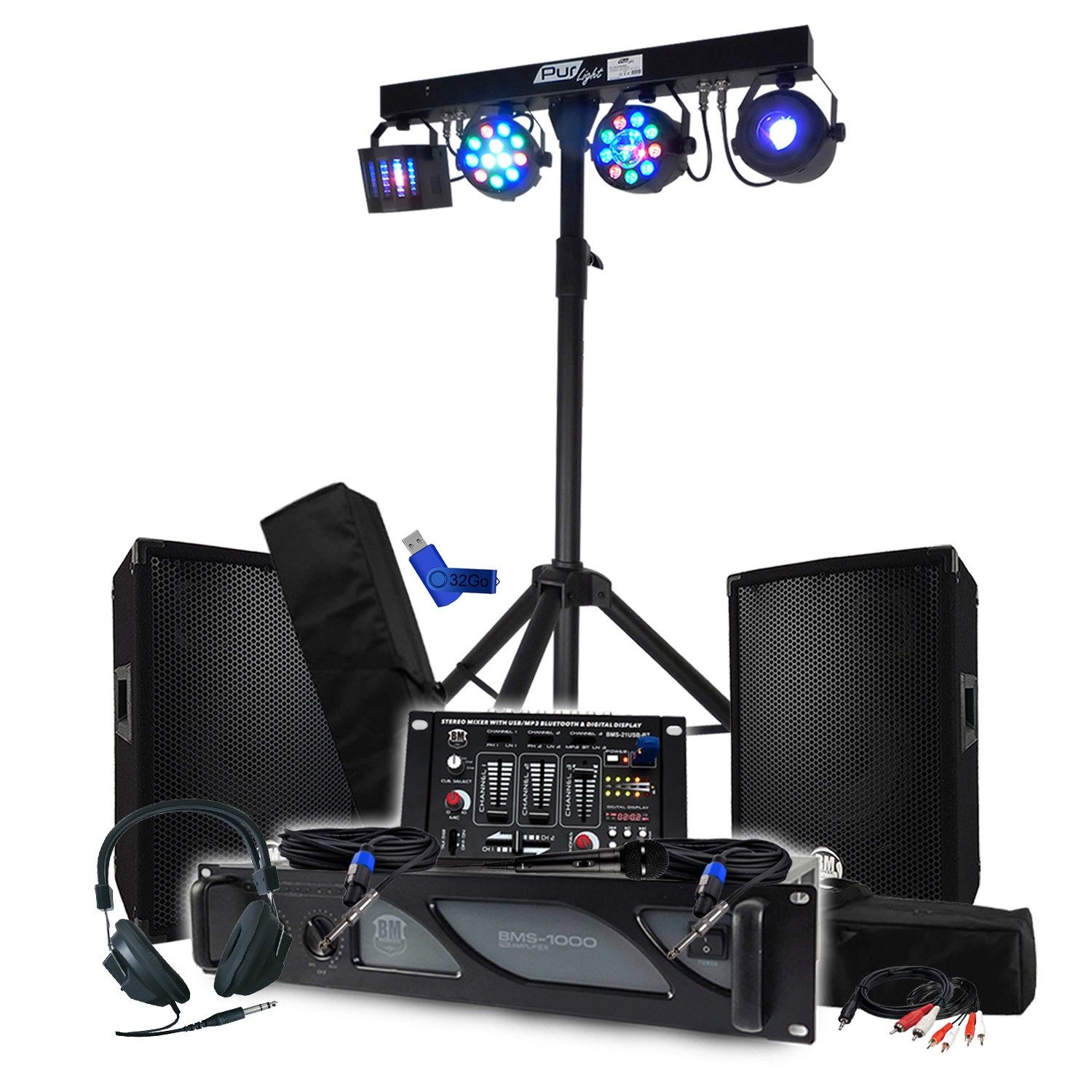 BM SONIC 1000W Amplifier Pack: Speakers, Mixer, Lighting
