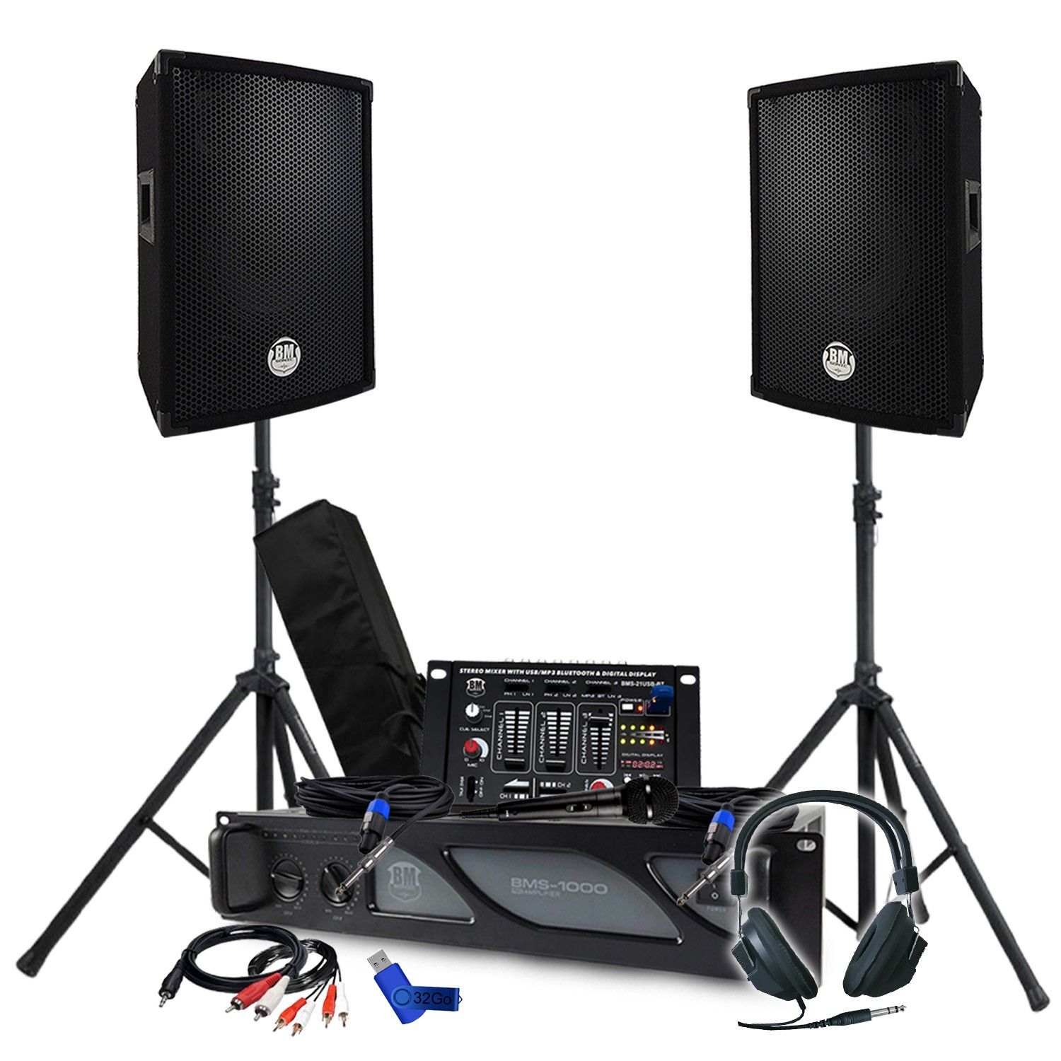 Pack Sono Amplificateur 1000W avec Enceintes Passives, Table de Mixage Bluetooth, Pieds et Accessoires DJ