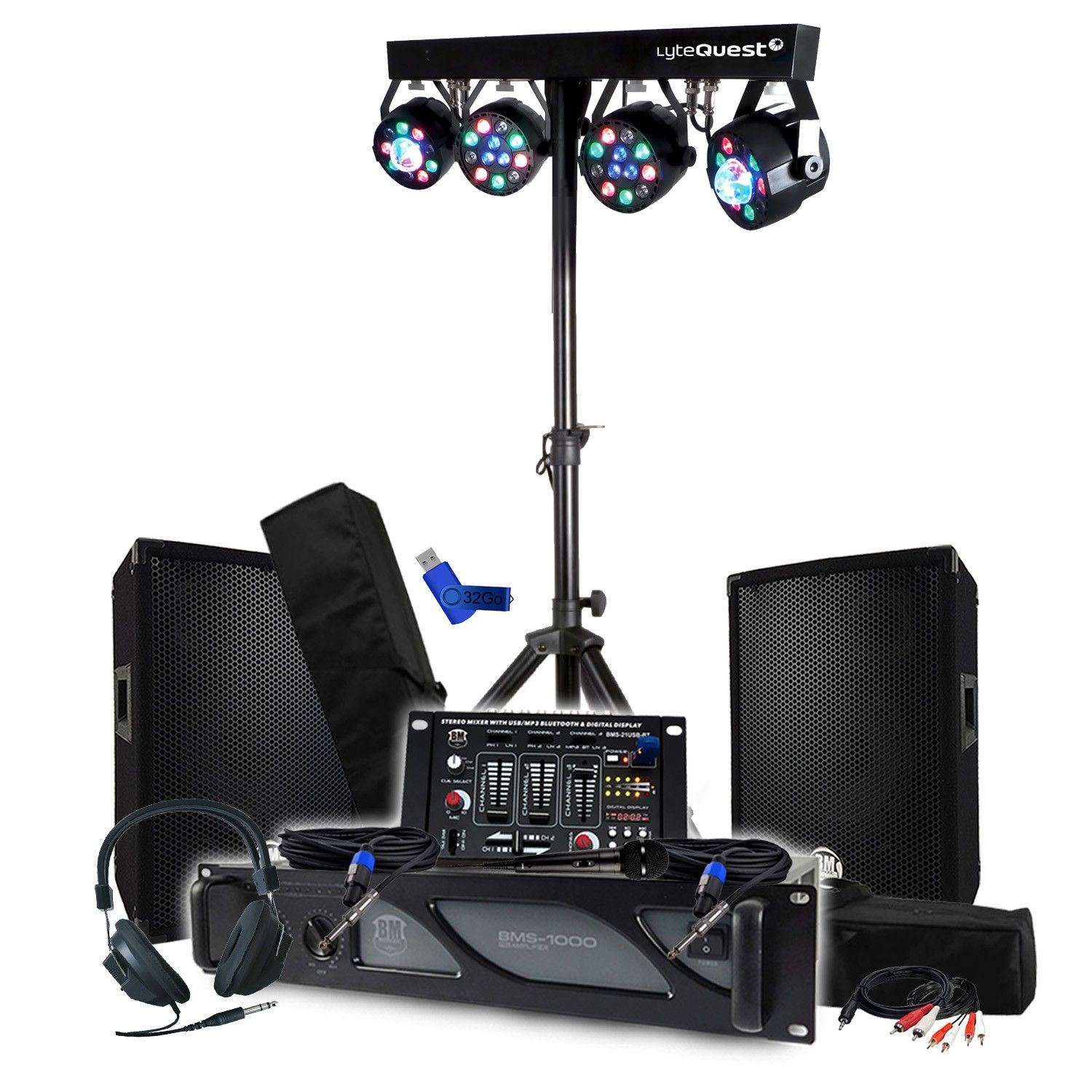 BM SONIC Pack Sono - 1000W Amplifier, Passive Speakers, Mixer Table, Xperformer+ Light Bar