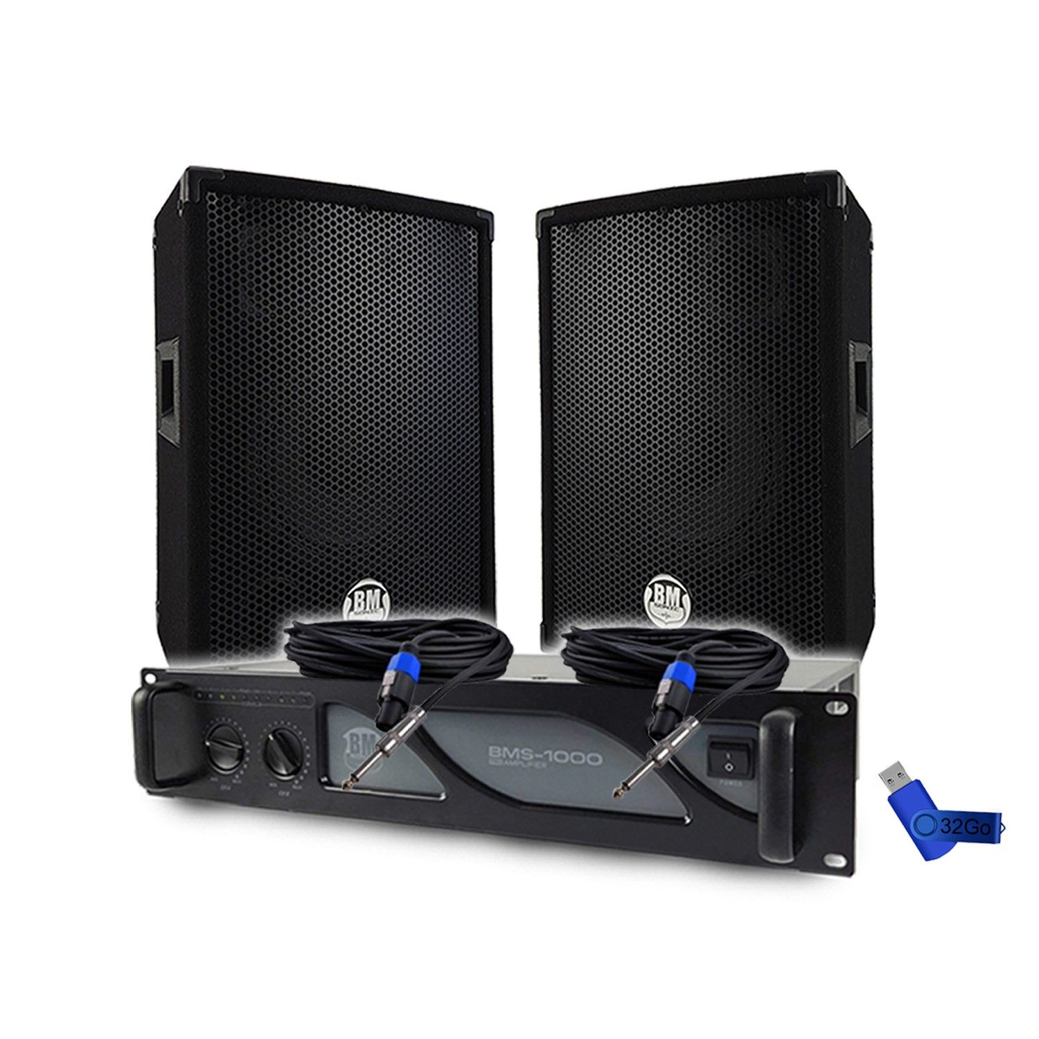 Kit de Sonorización BM SONIC - Amplificador BMS1000, Altavoces Pasivos BMS08 2x300W, Cables, Llave USB de Sonido PRO 32GB