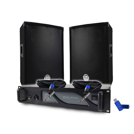 Kit de Sonorización BM SONIC - Amplificador BMS1000, Altavoces Pasivos BMS08 2x300W, Cables, Llave USB de Sonido PRO 32GB