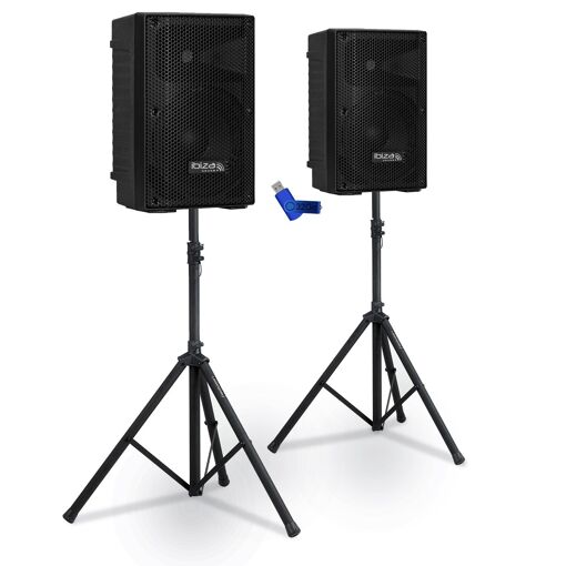 Enceintes passives Ibiza Sound XTK8-MKII - 8"/20 cm, 2 x 200 W, 2 voies à basse réflexion, supports pieds inclus + clé 32 Go