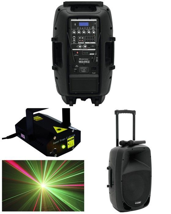 Omnitronic Portable Speaker - 90W RMS - Bluetooth - 2 Wireless Micros - Red and Green Laser