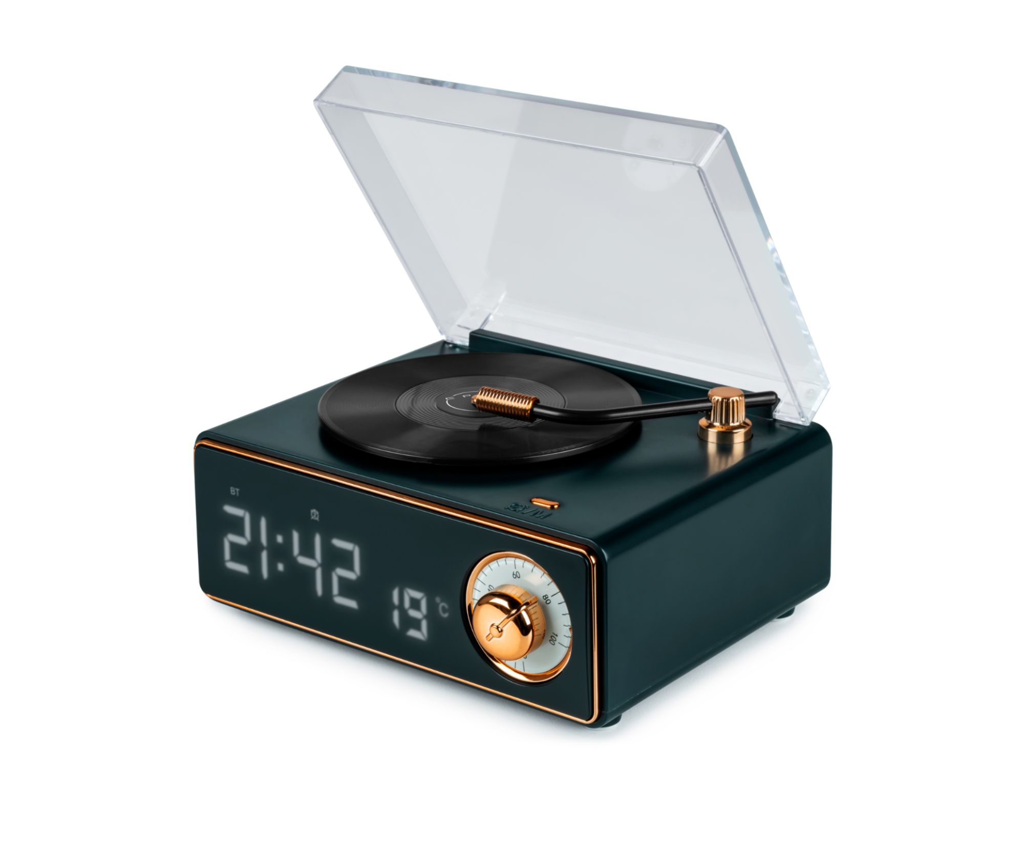 Bigben Bluetooth Speaker Alarm Clock (Dark Green Vinyl Record Style)