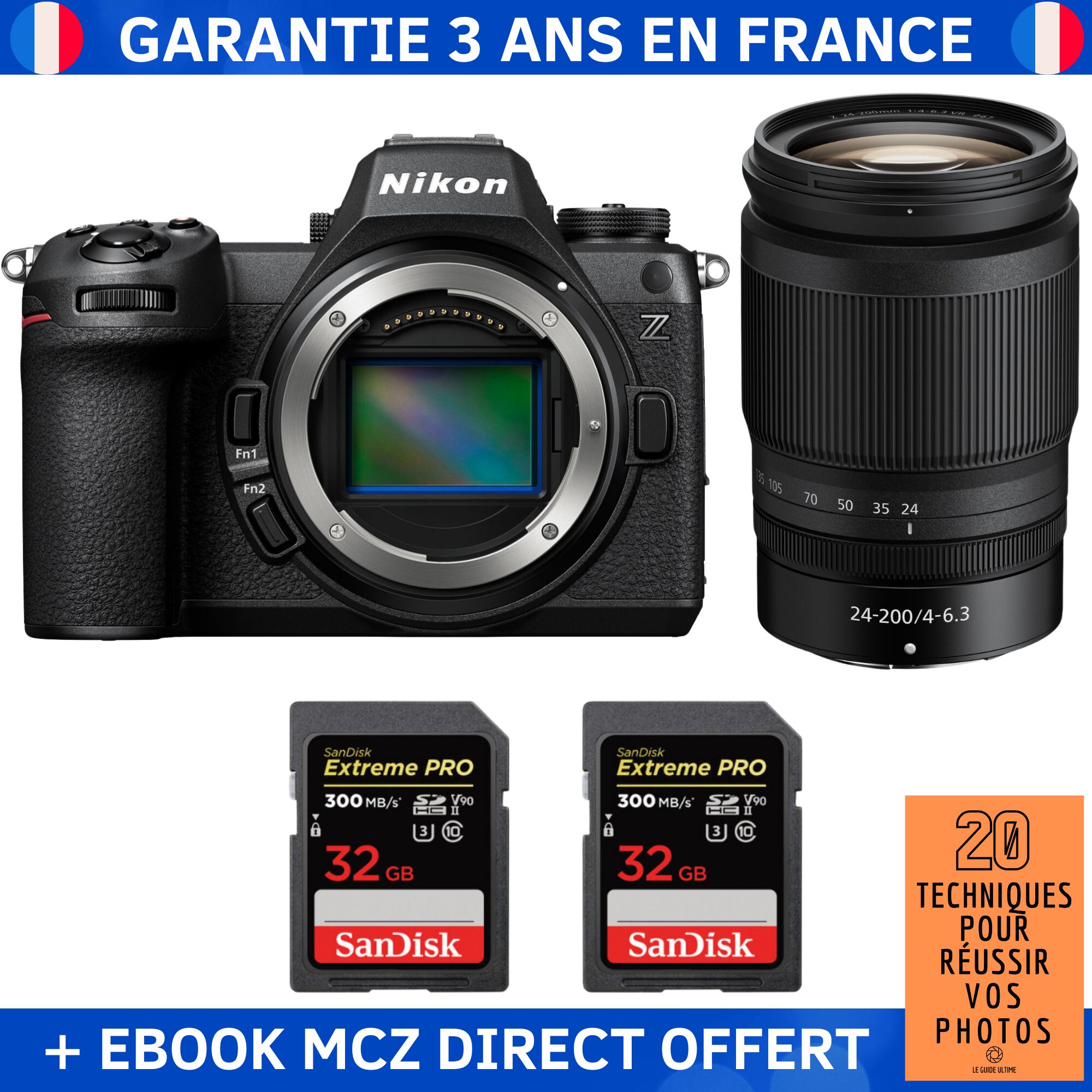 Nikon Z6 III + Z 24-200mm f/4-6.3 VR + 2 SanDisk 32GB Extreme PRO UHS-II SDXC 300 MB/s + Ebook '20 Techniques pour Réussir vos Photos' - Hybrid Camera Nikon