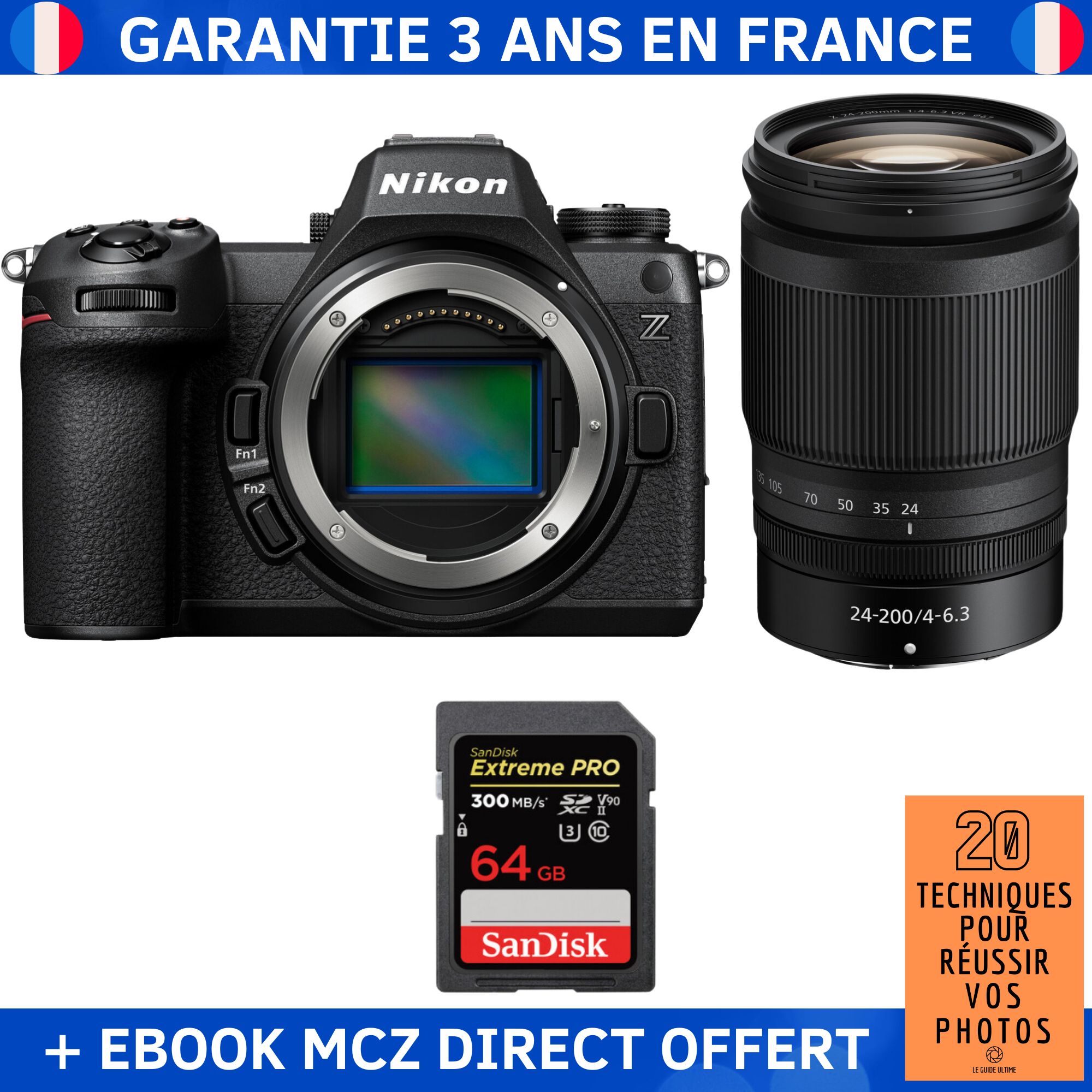 Nikon Z6 III + Z 24-200mm f/4-6.3 VR + 1 SanDisk 64GB Extreme PRO UHS-II SDXC 300MB/s + Ebook '20 Techniques pour Réussir vos Photos' - Hybrid Camera
