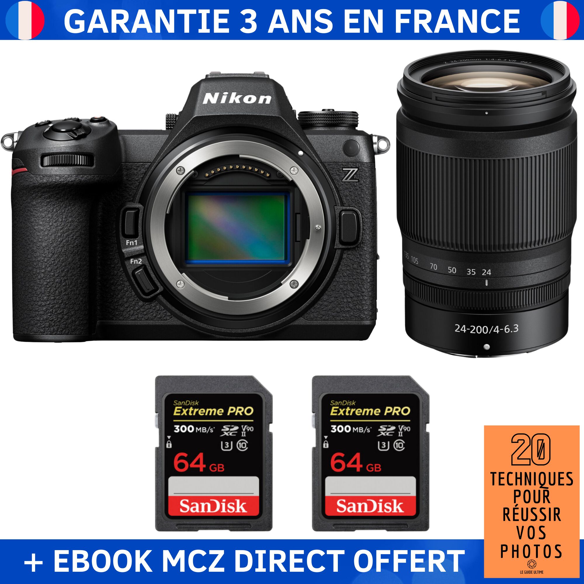 Nikon Z6 III + Z 24-200mm f/4-6.3 VR + 2 SanDisk 64GB Extreme PRO UHS-II SDXC 300MB/s + Ebook '20 Techniques pour Réussir vos Photos' - Hybrid Camera Nikon