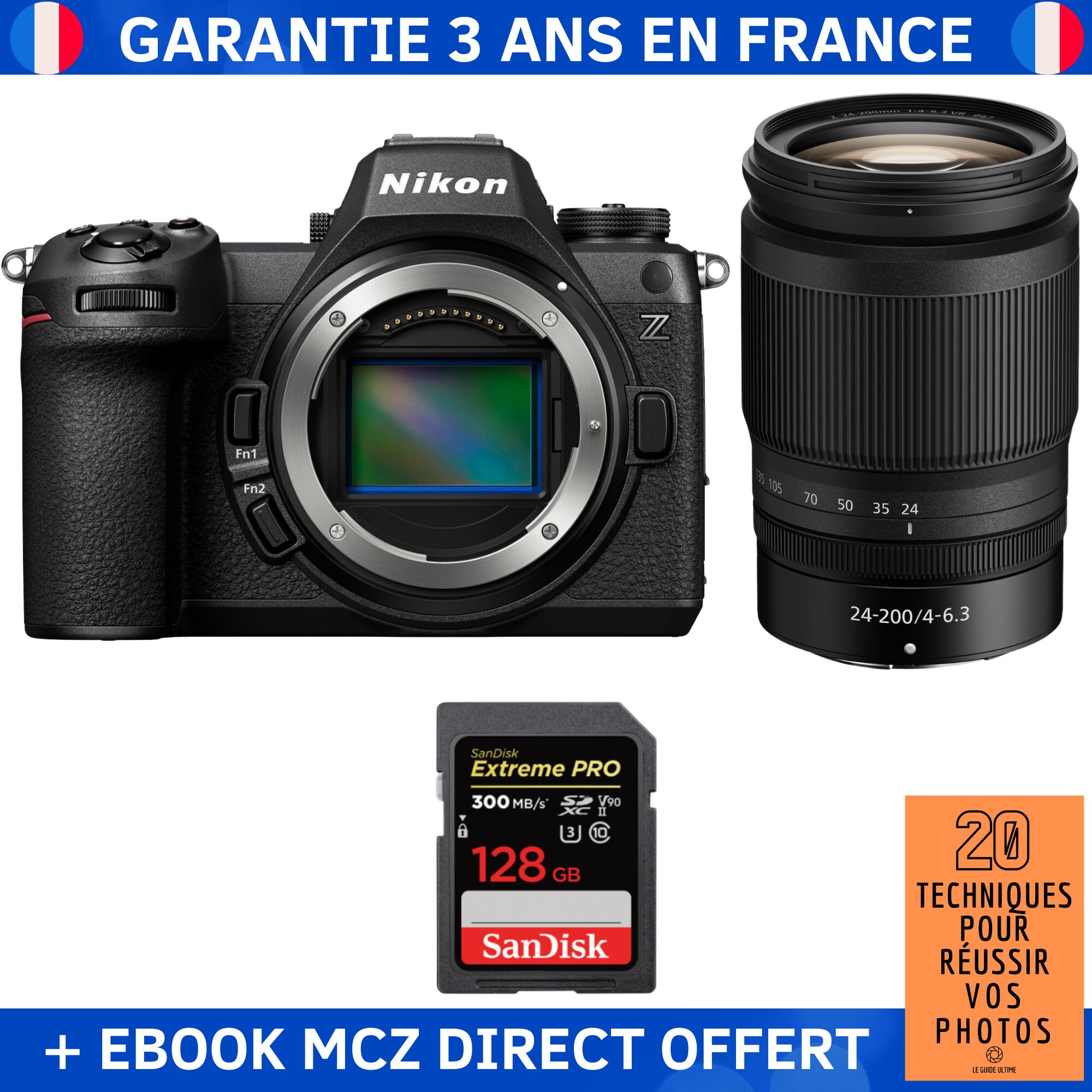 Nikon Z6 III + Z 24-200mm f/4-6.3 VR + 1x 128GB SanDisk Extreme PRO UHS-II SDXC 300MB/s + Ebook '20 Techniques pour Réussir vos Photos' - Hybrid Camera Nikon