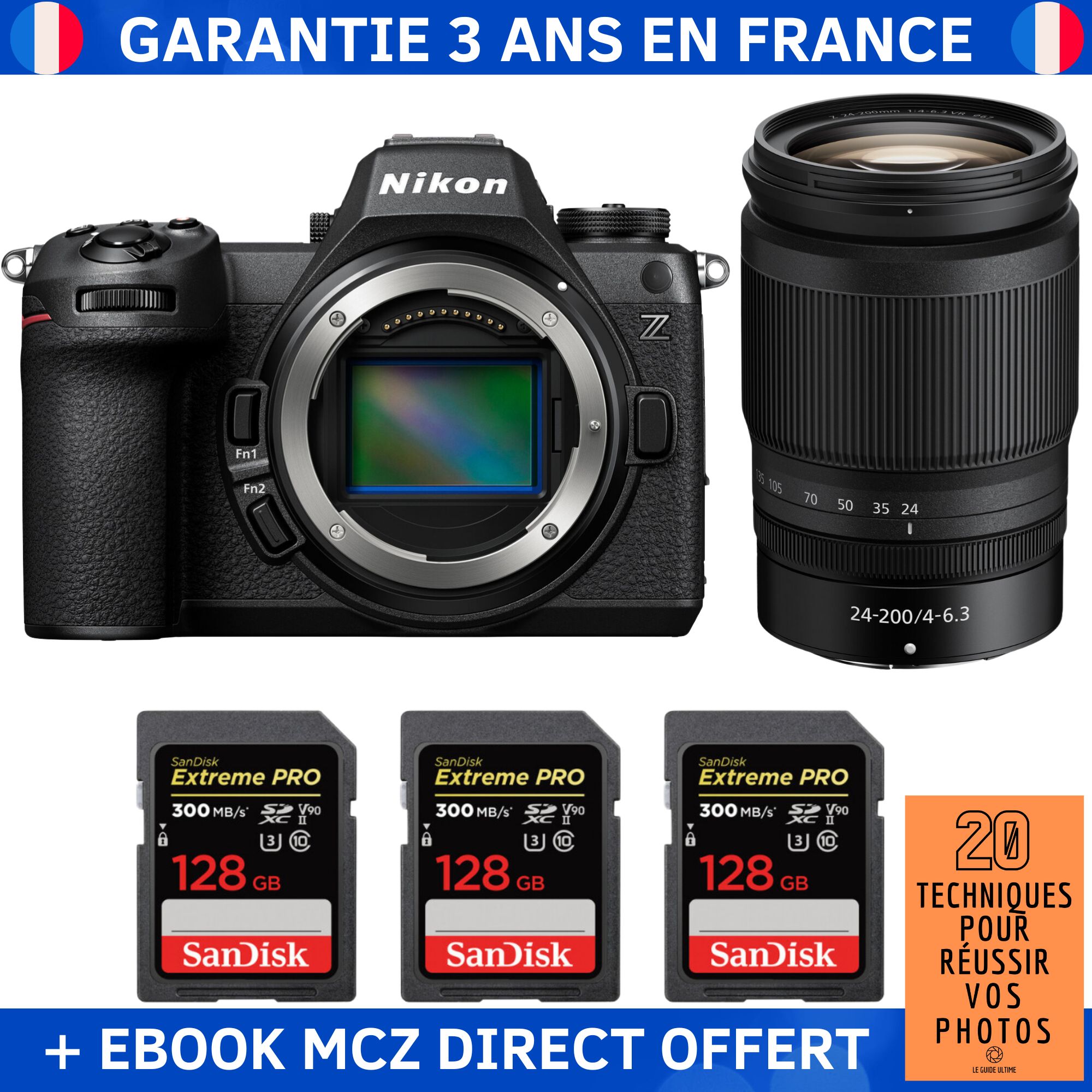 Nikon Z6 III + Z 24-200mm f/4-6.3 VR + 3 SanDisk 128GB Extreme PRO UHS-II SDXC 300MB/s + Ebook '20 Techniques pour Réussir vos Photos' - Hybrid Camera Nikon