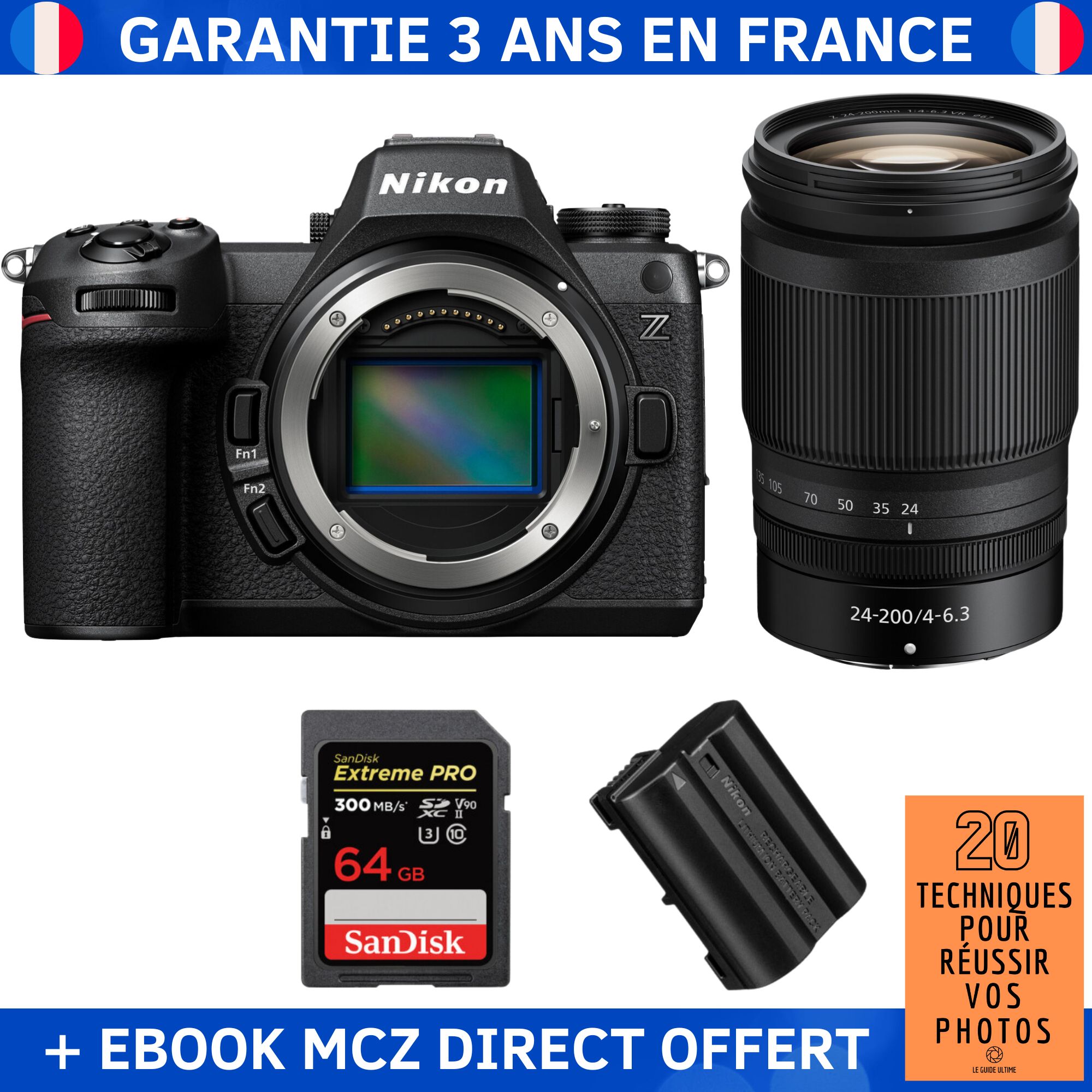Nikon Z6 III + Z 24-200mm f/4-6.3 VR + 1 SanDisk 64GB Extreme PRO UHS-II SDXC 300 MB/s + 1 Nikon EN-EL15c + Ebook '20 Techniques pour Réussir vos Photos' - Hybrid Camera Nikon